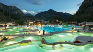 Ouray Hot Springs Pool surrounded by the San Juan Mountains in Colorado