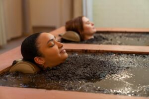 Soaking in the mineral-rich bud bath with hot springs at Indian Springs Resort & Spa in Calistoga.